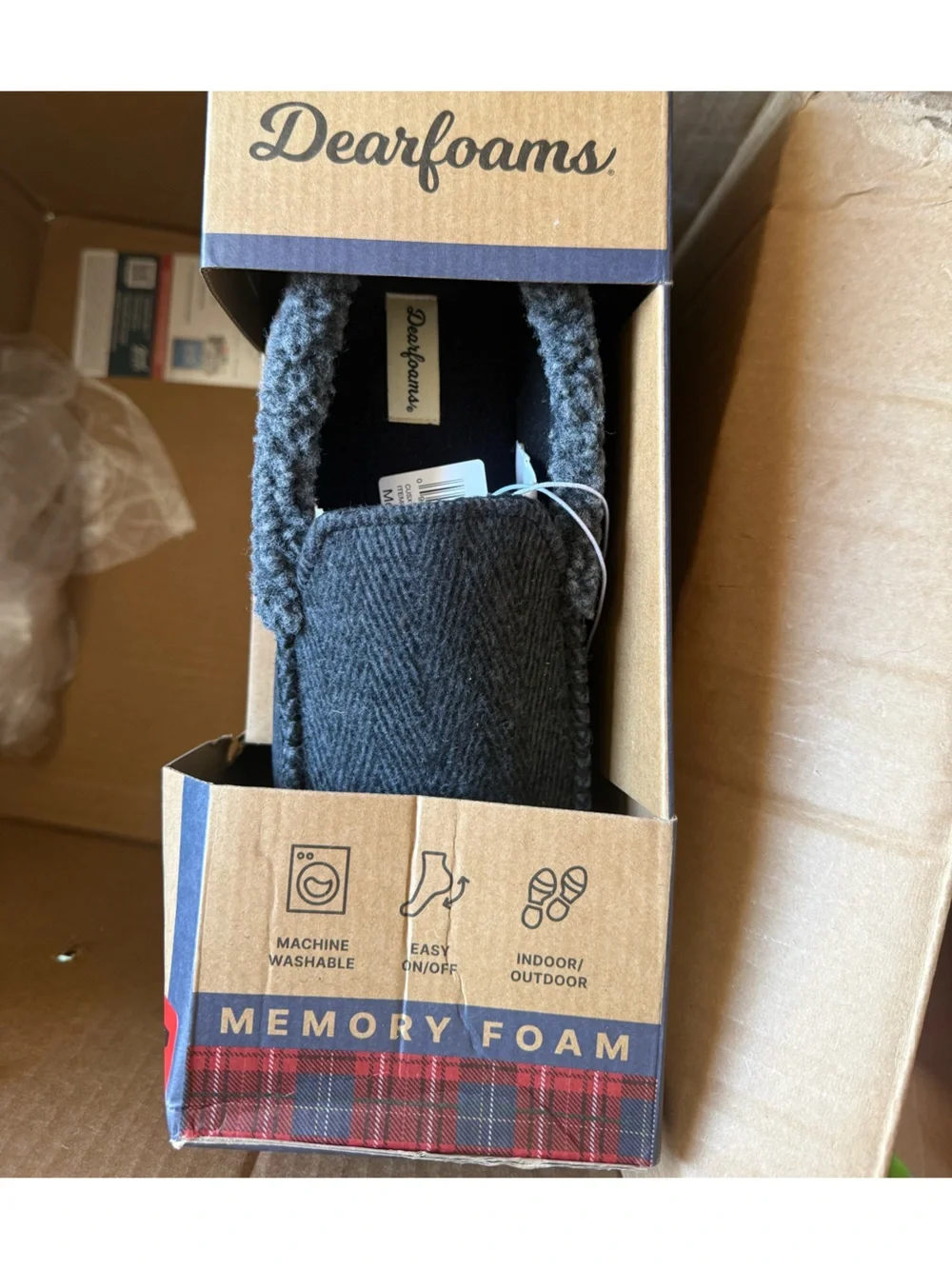 dearfoams Men's Dark Grey Herringbone Slip-On Slippers